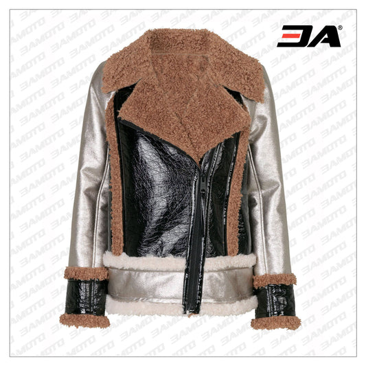 Shearling Fur Panel Biker Leather Jacket - Fashion Leather Jackets USA - 3AMOTO