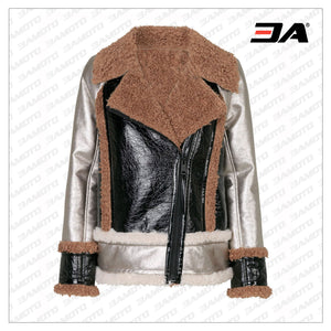Shearling Fur Panel Biker Leather Jacket