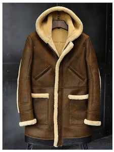 Mens Winter Hooded Sheepskin Shearling Fur Leather Long Jacket Coat