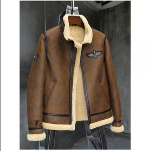Men Sheepskin Shearling Motorcycle Leather Jacket Coat