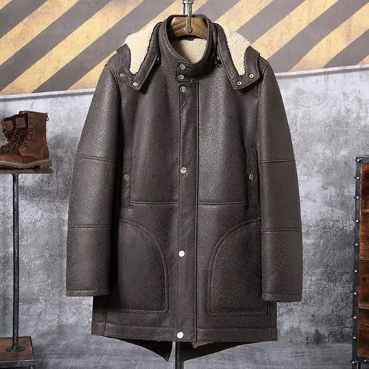 Men's Hooded Shearling Leather Long Trench Coat - 3amoto shop