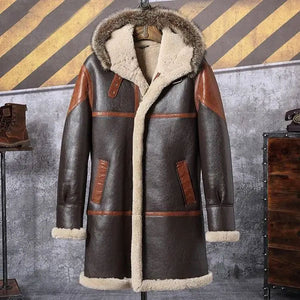 Men's Hooded Bomber Shearling Leather Trench Coat Jacket