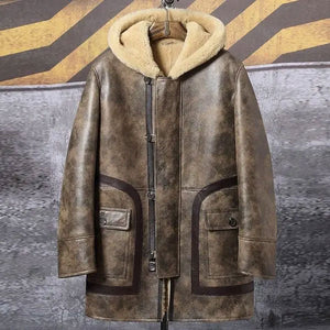 Sheepskin Coat Long Leather Jacket Hooded Fur Coat Mens Winter Coat