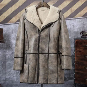 Mens Bomber Shearling Fur Hooded Winter Long Leather Jacket Trench Coat