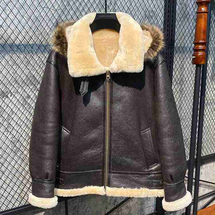 Men B3 RAF Flight Bomber Shearling Sheepskin Aviator Leather Jacket Coat