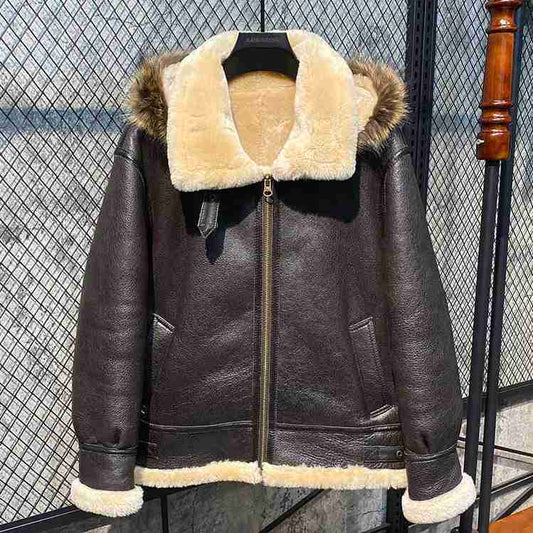 Men B3 RAF Flight Bomber Shearling Sheepskin Aviator Leather Jacket Coat - Fashion Leather Jackets USA - 3AMOTO