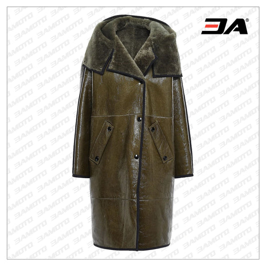 Shearling Trimmed Crinkled Glossed Fur Leather Hooded Coat - Fashion Leather Jackets USA - 3AMOTO