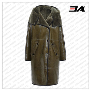 Shearling Trimmed Crinkled Glossed Fur Leather Hooded Coat