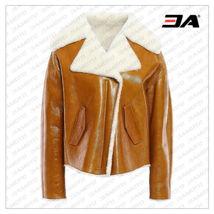 Shearling Trimmed Crinkled Patent Fur Leather Jacket