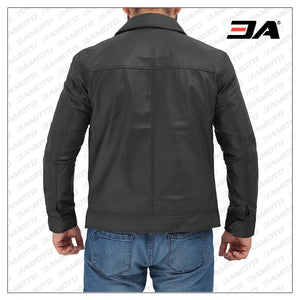 shirt collar black leather jacket
