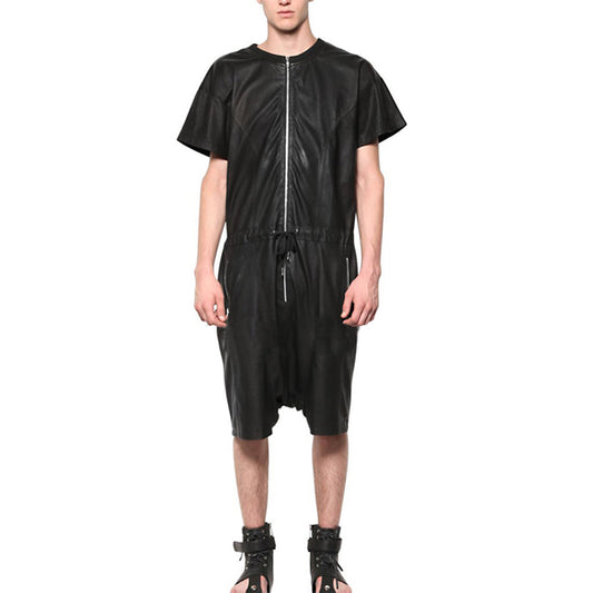 Short Sleeves Style Men Leather Zippered Jumpsuit - 3amoto shop