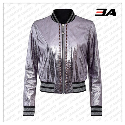 Lilac Metallic Bomber Studded Biker Jacket - 3A MOTO LEATHER