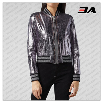 Lilac Metallic Bomber Studded Biker Jacket - 3A MOTO LEATHER