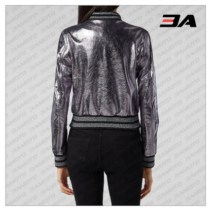 Lilac Metallic Bomber Studded Biker Jacket - 3A MOTO LEATHER