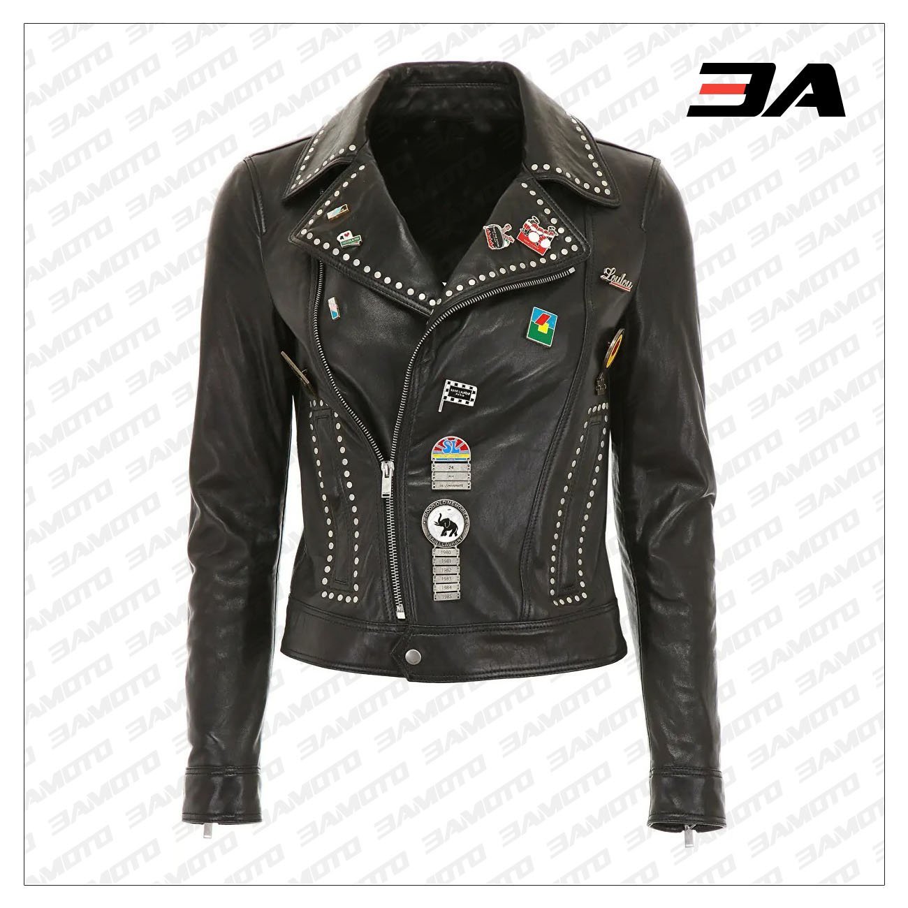 Silver Studded Biker Jacket with Pins - 3A MOTO LEATHER