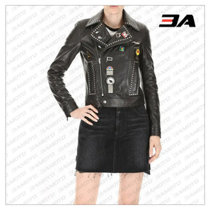 Silver Studded Biker Jacket with Pins - 3A MOTO LEATHER