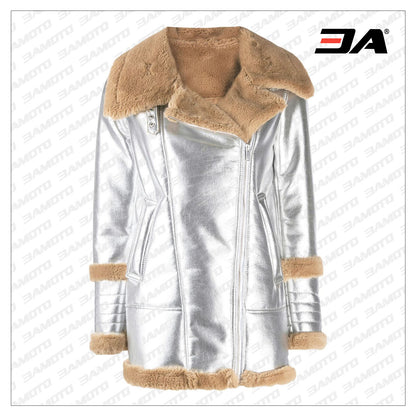 Silver tone Metallic Fur Lambskin Leather Coat