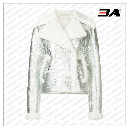 Silver-tone Metallic Shearling Fur Biker Jacket - Fashion Leather Jackets USA - 3AMOTO