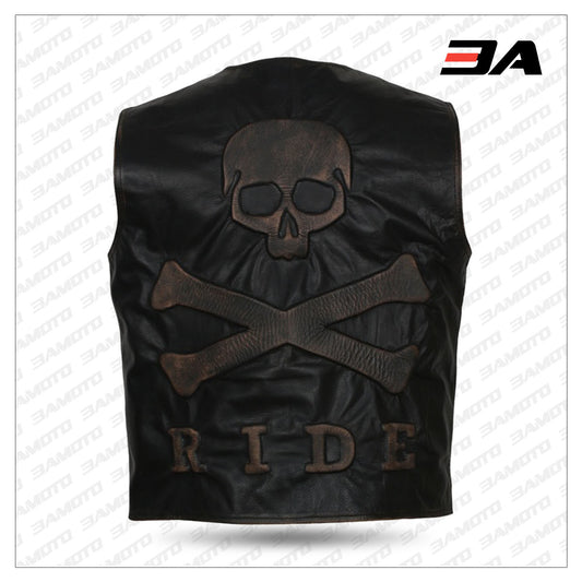 Men's skull embossed leather vest with a bold and stylish design, perfect for making a statement - Fashion Leather Jackets USA - 3AMOTO