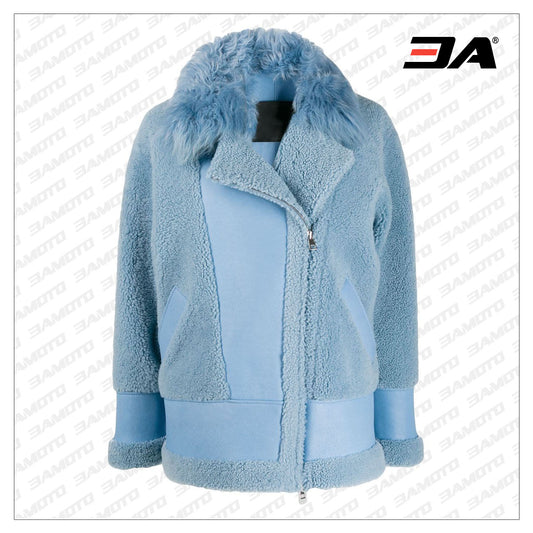 Sky Blue Merino Wool Shearling Aviator Jacket - 3amoto shop