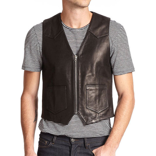 slim fit black biker leather vest mens - Fashion Leather Jackets USA - 3AMOTO