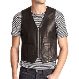 slim fit black biker leather vest mens