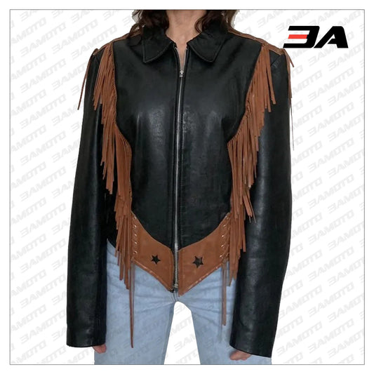 Star Western Fringe Leather Jacket - 3A MOTO LEATHER - Fashion Leather Jackets USA - 3AMOTO