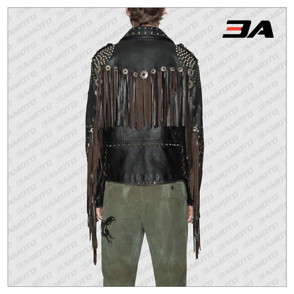 Studded Leather Biker Jacket with Fringe - 3A MOTO LEATHER