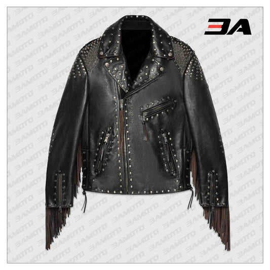 Studded Leather Biker Jacket with Fringe - 3A MOTO LEATHER - Fashion Leather Jackets USA - 3AMOTO