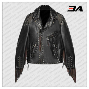 Studded Leather Biker Jacket with Fringe - 3A MOTO LEATHER