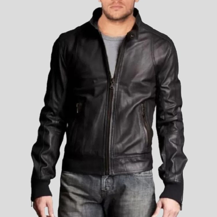 Stylish Men's Leather Bomber Jacket with Stand Collar, fashionable and versatile for any occasion.