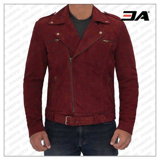 Sean Mens Suede Leather Biker Maroon Asymmetrical Jacket - Fashion Leather Jackets USA - 3AMOTO