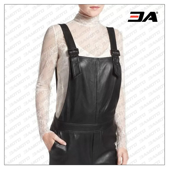 Super Simple Black Leather Overalls Full Body Ladies Romper