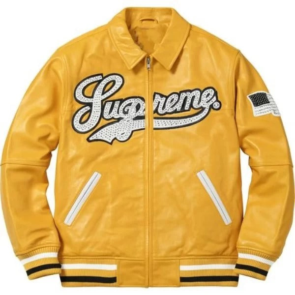 Supreme Uptown Studded Leather Varsity Jacket In Yellow