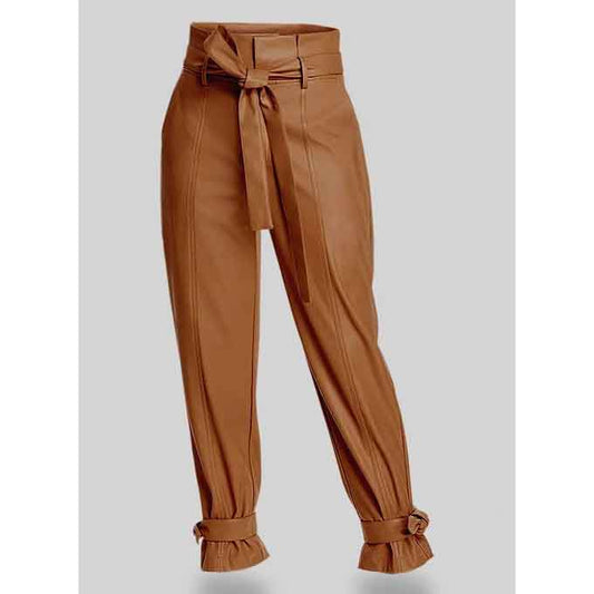 Tied-Cuff Brown Leather Pants For Women - 3amoto shop