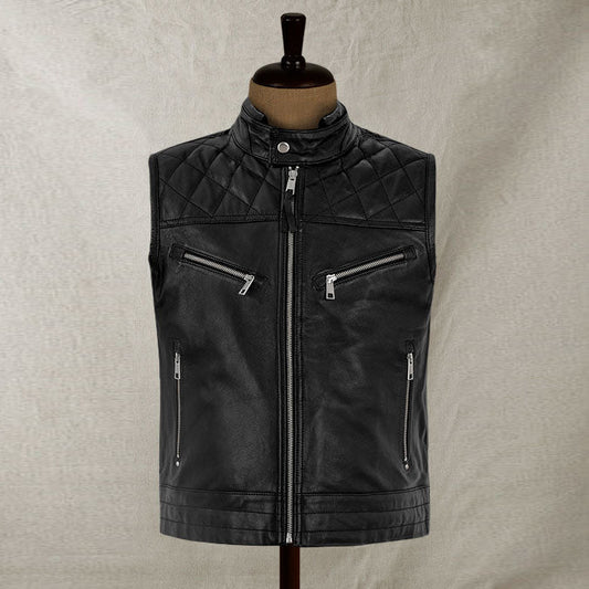 top quality mens genuine leather biker vest black - Fashion Leather Jackets USA - 3AMOTO