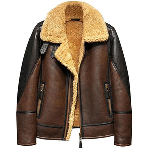 trendy mens aviator dark brown leather shearling jacket