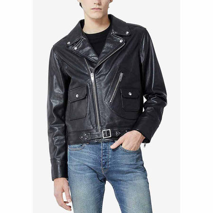 Man wearing a trendy black leather biker jacket with a collared design, showcasing the sleek style and durable cowhide leather material.