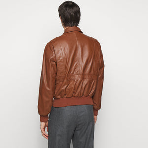 trendy mens tan brown leather bomber jacket back