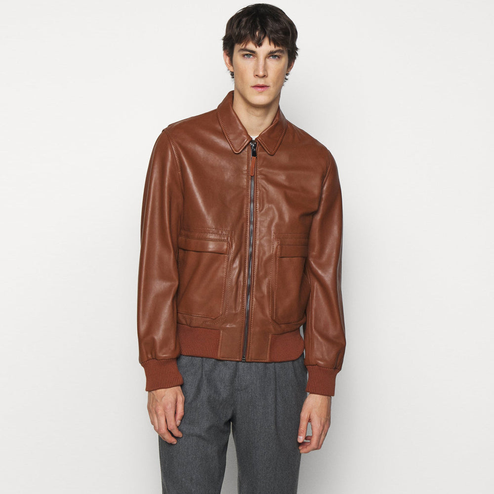 Trendy Men’s Tan Brown Leather Bomber Jacket, stylish and versatile for any occasion.