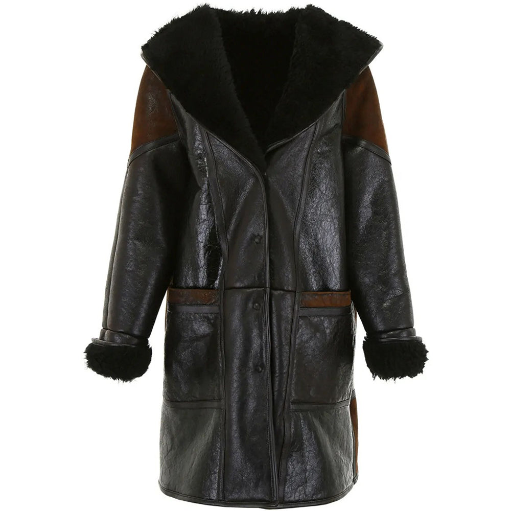 two tone lamb fur hooded coat