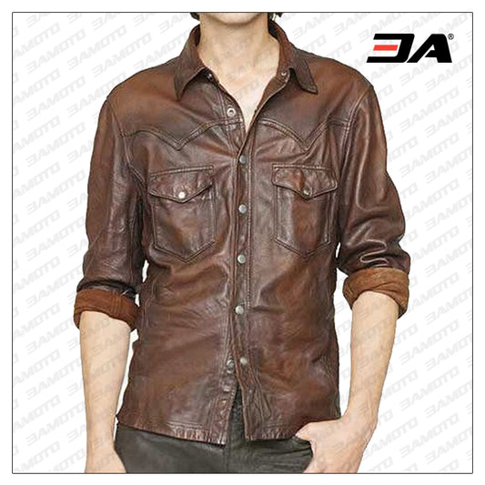 V-Tab Brown Leather Shirt - Fashion Leather Jackets USA - 3AMOTO