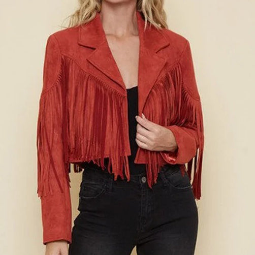 Women Suede Rust Moto Jacket with Fringe