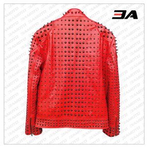 Red Vintage Studded Punk Leather Biker Jacket - 3A MOTO LEATHER