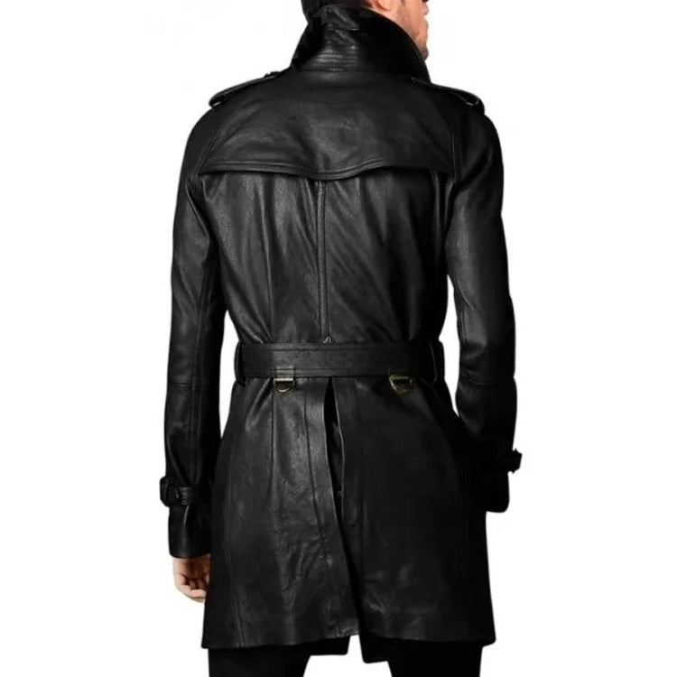Mens Black Vintage Style Long Leather Coat - 3amoto