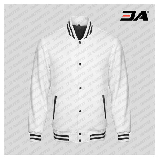 White Cotton Fleece Varsity Jacket - Fashion Leather Jackets USA - 3AMOTO