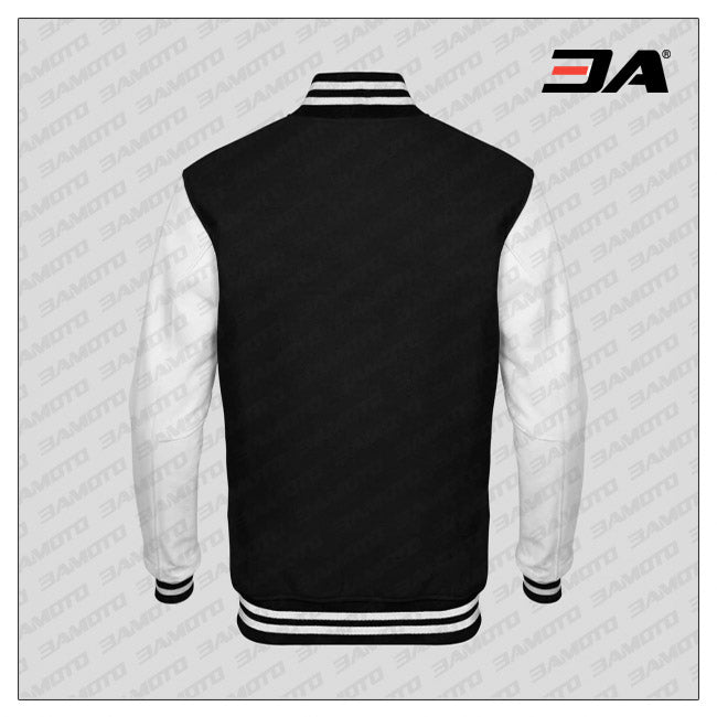 White Faux Leather Sleeves Black Wool Varsity Jacket