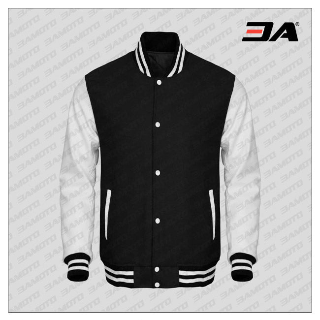 White Faux Leather Sleeves Black Wool Varsity Jacket