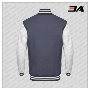 White Faux Leather Sleeves Gray Wool Varsity Jacket