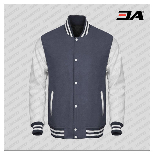 White Faux Leather Sleeves Gray Wool Varsity Jacket - Fashion Leather Jackets USA - 3AMOTO